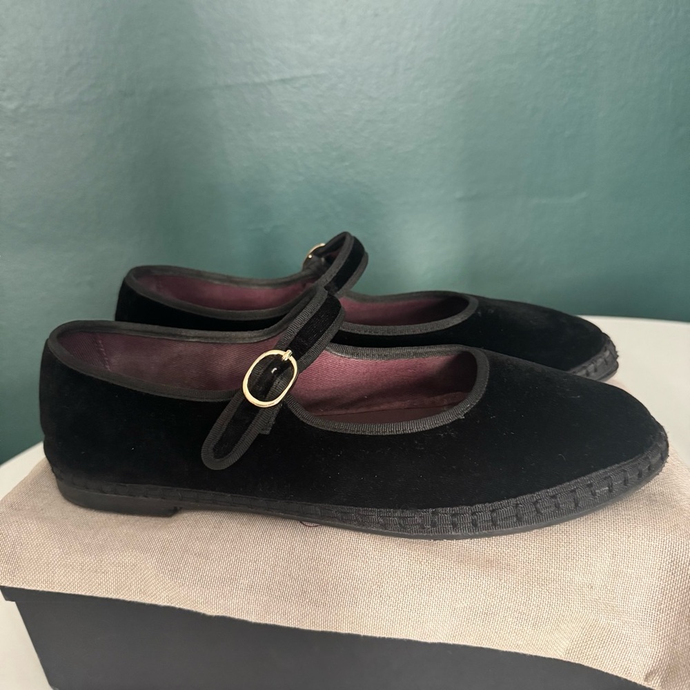 Flabelus Black Velvet Mary Jane Flats with Gold Buckle